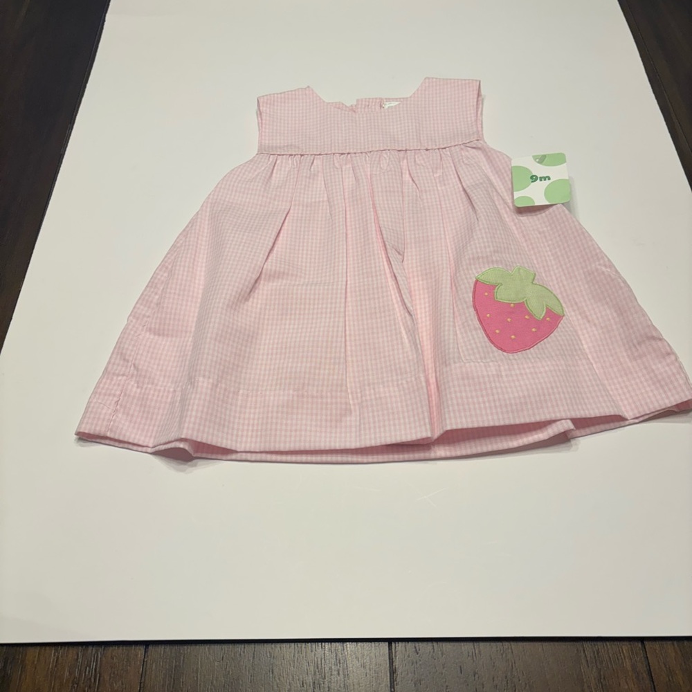 PETIT AMI ZU BABY DRESS &BLOOMERS SIZE 9 MONTHS PINK GINGHAM WITH STRAWBERRY
